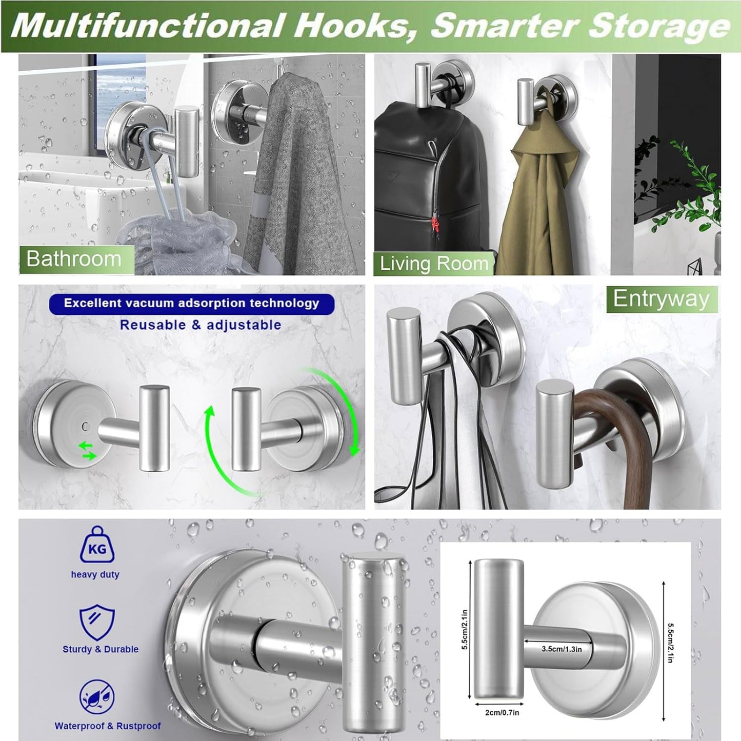 Suction Cup Hooks for Shower, Shower Hooks for Hanging Towels, Robes, Bath Balls, Stainless Steel Towel Hooks for Bathroom Wall, Glass Door, Kitchen, Mirror, Tile (2 Pack，Silver)