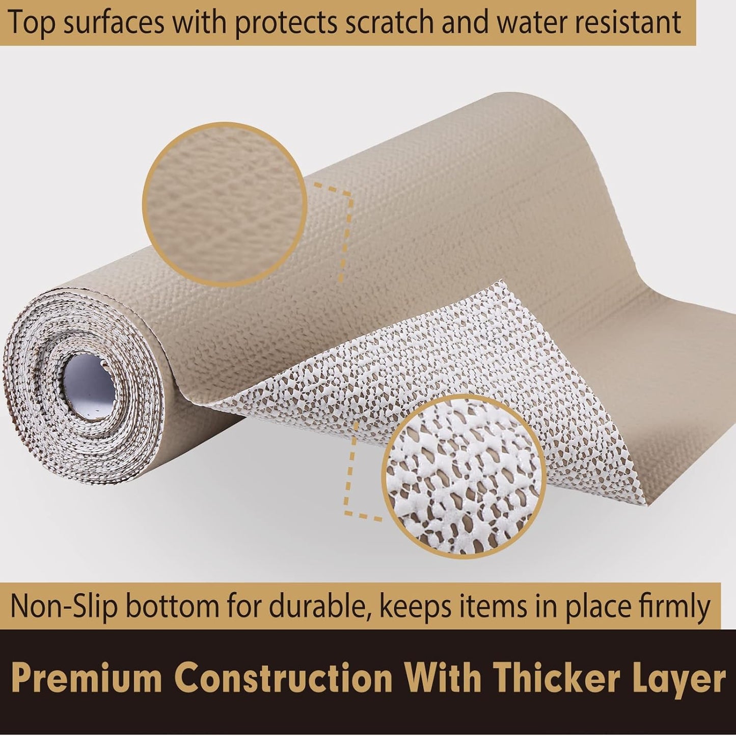 Premium Drawer and Shelf Liner for Cabinet, Non Adhesive Liner for Kitchen, Strong Grip Non Slip Shelf Liners for Kitchen Cabinets, Storage, Drawers, Shelves, Kitchenware and Tableware, Beige