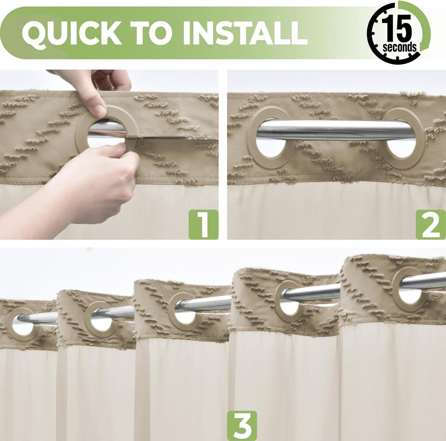 No Hook Shower Curtain with Snap in Liner, Tufted Chevron Striped Shower Curtain Set for Bathroom, Boho Waterproof and Washable Shower Curtains, 71Wx74H, Beige