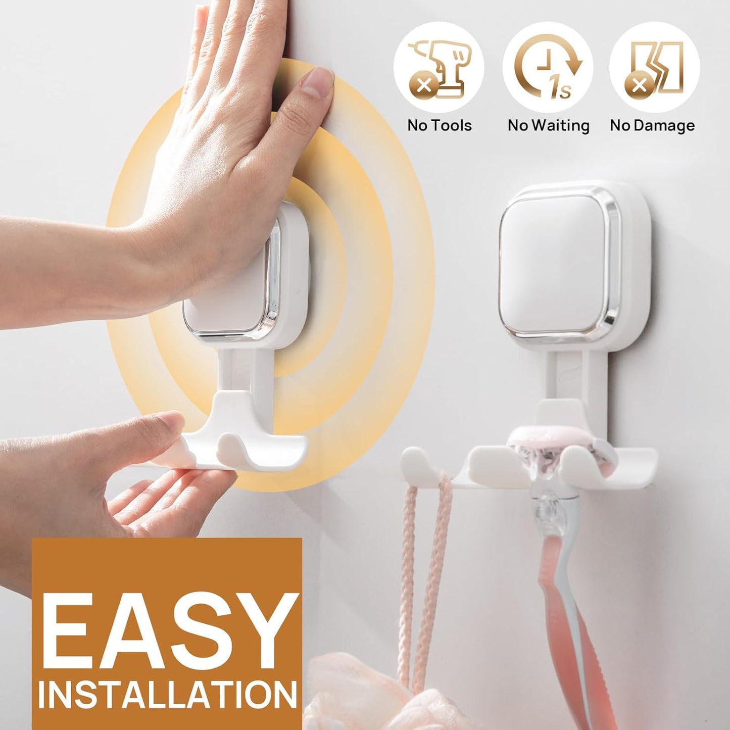 LEVERLOC Vacuum Suction Cup Razor Holder for Shower 2 Pack, Heavy Duty Shower Hooks for Towel, Loofah, Razor, Cell Phone, Damage-Free Hanging Plated Suction Cup Hooks, Easy to Install and Reuse, White