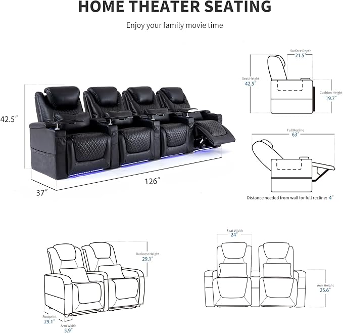 Home Theater Seating Seats, Theater Recliner Chair Sofa Game Movie Theater Chairs with 7 Colors Ambient Lighting, Lumbar Pillow, Side Pocket, Tray Table, Power Recline, Black