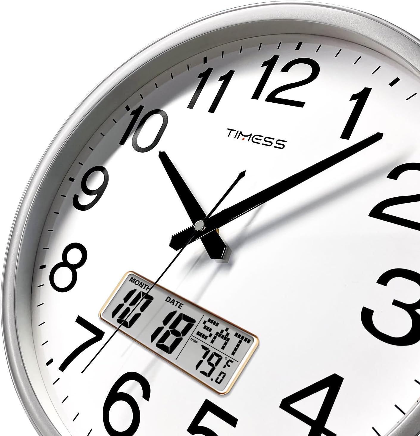 Wall Clock, 11 Inch Non-Ticking Silent Battery Operated Quartz Analog with LCD Display for Perpetual Calendar and F° Temperature, Ideal Modern Home, Bedroom, Kitchen, Office Décor (Sliver)