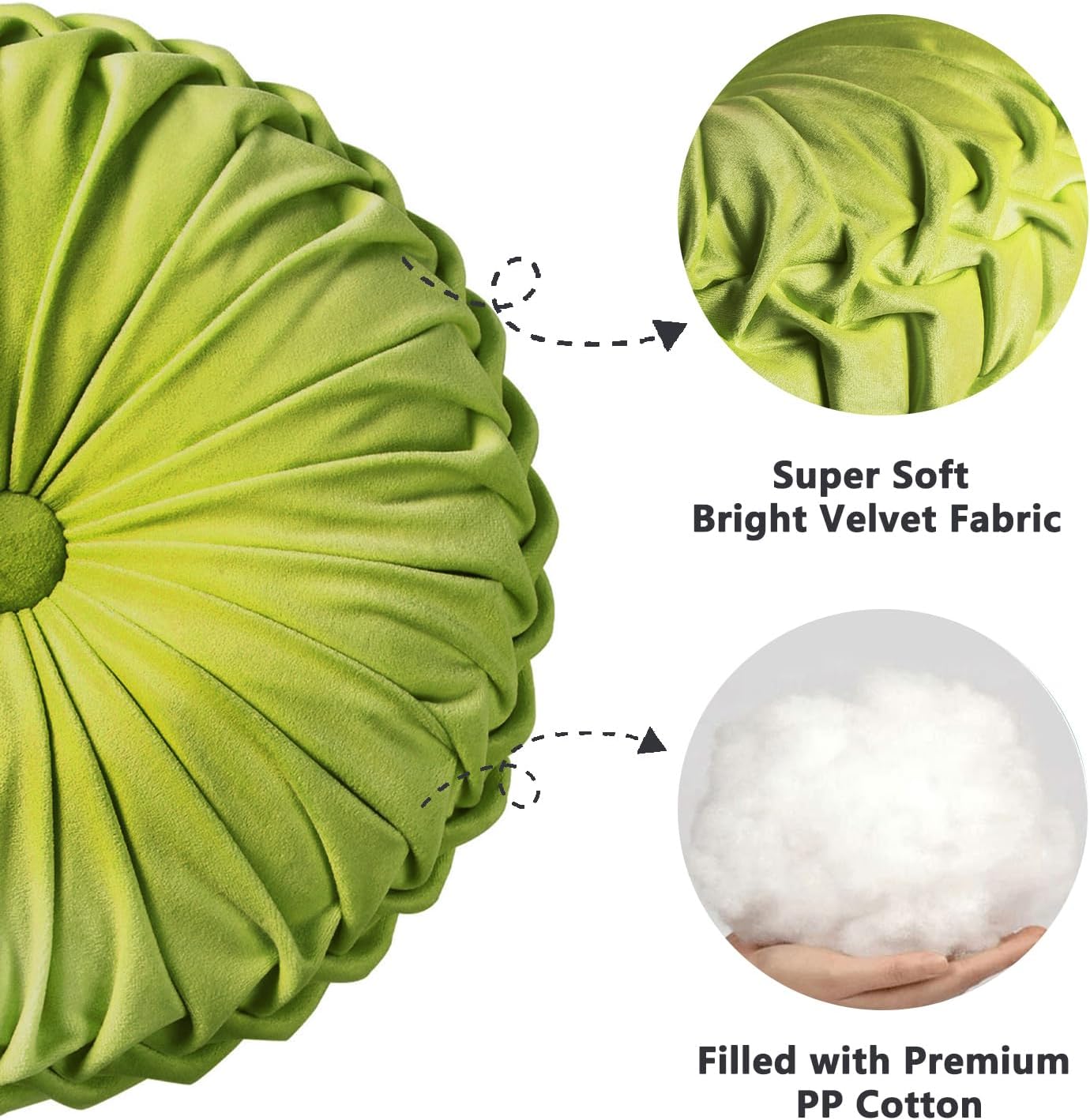 HIG Set of 2 Decorative Round Pleated Throw Pillows,Classy Accent Pumpkin Throw Pillows with Center Button,Vintage Velvet Floor Pillows for Sofa Vanity Chair Bed,Apple Green,14.5" Diameter(Ripple)
