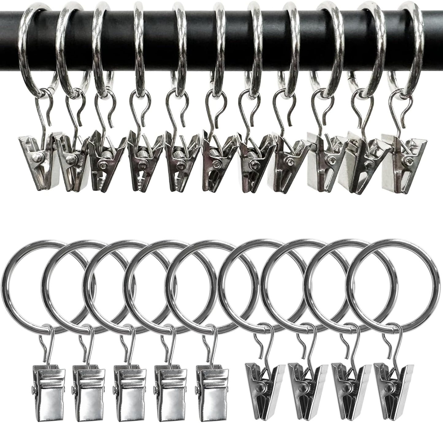 100 Pack Metal Curtain Rings with Clips, Drapery Clips with Rings, Drapes Rings 1 inch Inner Diameter, Fits Diameter 5/8 inch Curtain Rods, Silver