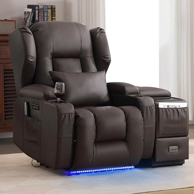 Wall Hugger Power Recliner Chair, Home Theater Seating Electric Recliing Sofa with Massage & Heat, Cup Holder, USB Port, LED Ambient Light, Storage for Living Room (Brown, Chair + Console)