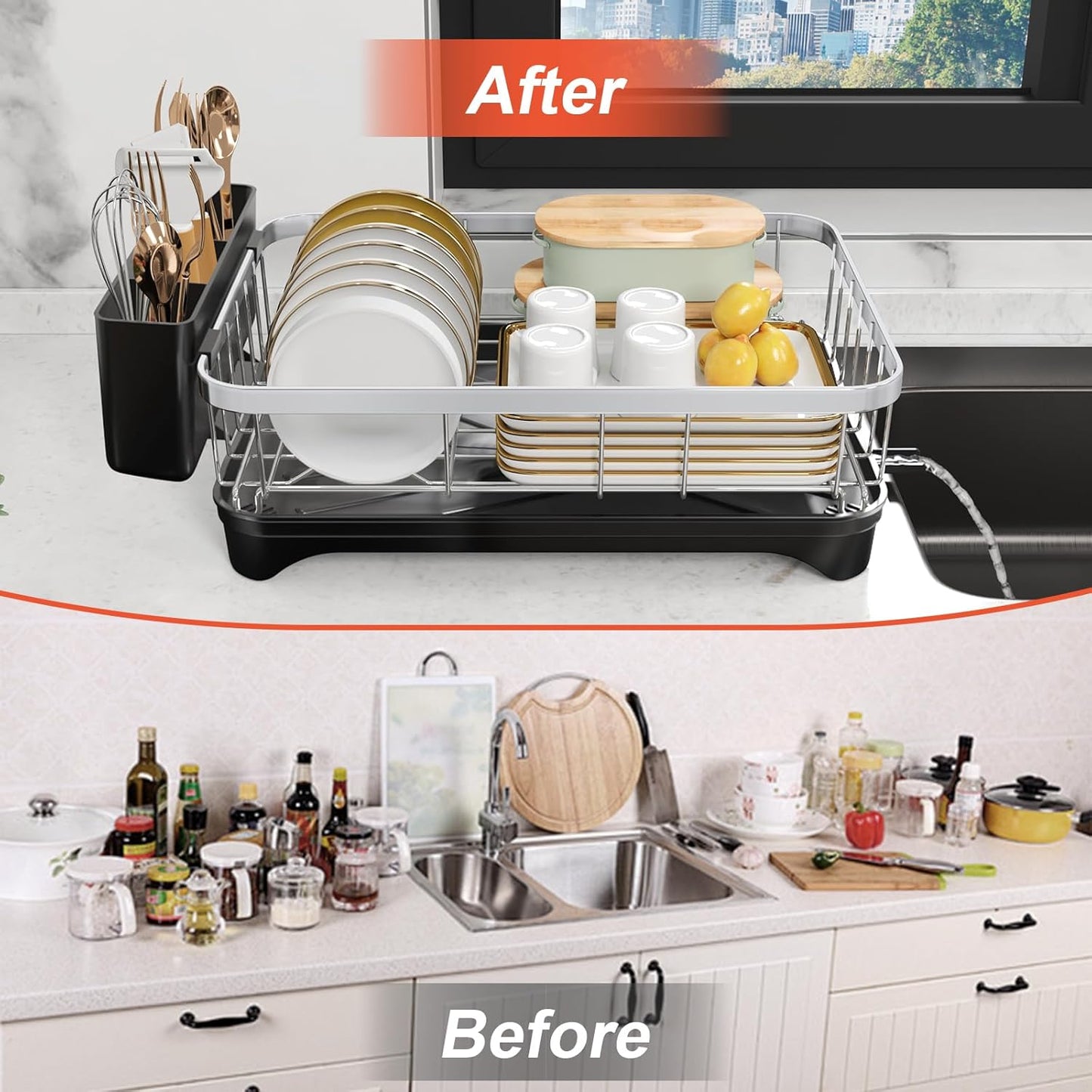 Dish Drying Rack - 304 Stainless Steel Dish Rack for Kitchen Counter with Utensil Holder & Cutlery Tray, Space Saving Countertop Organizer, Black