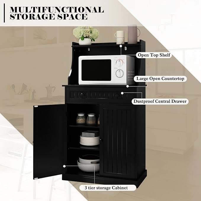 54" Kitchen Microwave Cabinet/Stand with Storage and Drawers, Pantry Storage Cabinet with Hutch & Adjustable Shelves for Kitchen, Dining Room, Living Room, Hallway in Black