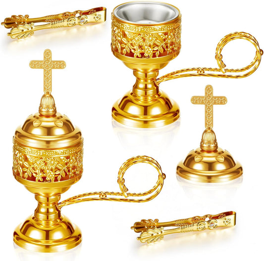 Zonon 2 Sets Incense Burner with Tong, Frankincense Charcoal Incense Stand Holder, Ideal for Yoga, Spa, Aromatherapy, Home and Christian Church Censer(Gold)