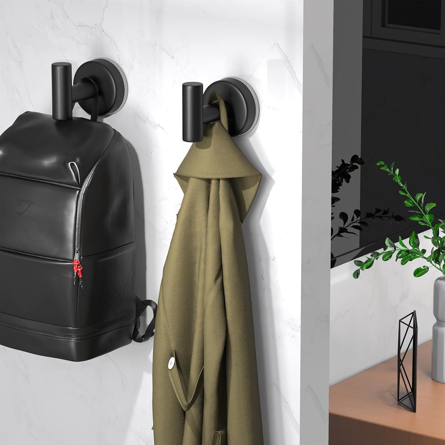 Suction Cup Hooks for Shower, Stainless Steel Towel Hooks for Bathroom Wall, Glass Door, Kitchen, Mirror, Tile, Shower Hooks for Hanging Towels, Robes, Bath Balls (2 Pack，Black)