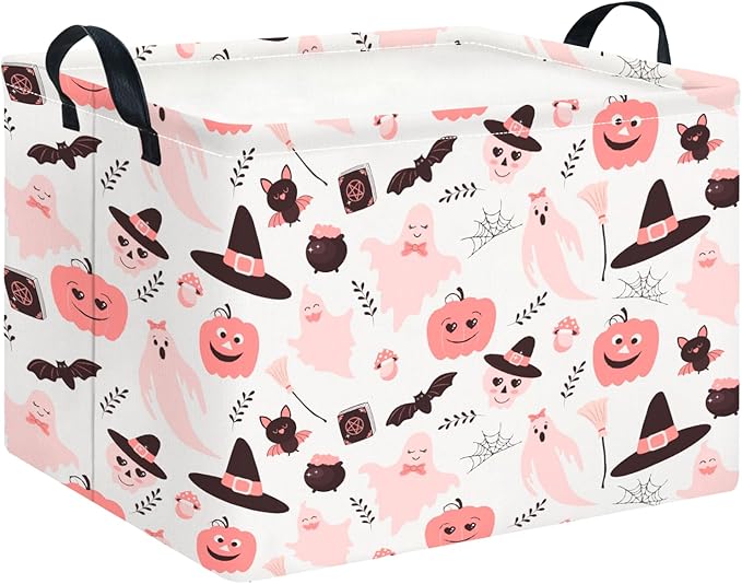 CLOCOR Rectangular Storage Basket Empty, Gift Basket for Halloween, Waterproof Storage Bin with Handles, Room Decor(Pink Bowknot Ghost)