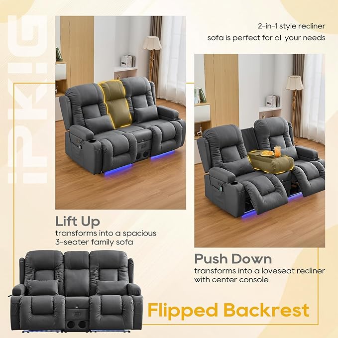 IPKIG 67" Power Reclining Loveseat Sofa, Electric Home Theater Seating with Console/4 Colors Ambient Lighting/Bluetooth Speakers/USB Ports/Built-in Outlets (Dark Grey, Loveseat Recliner)