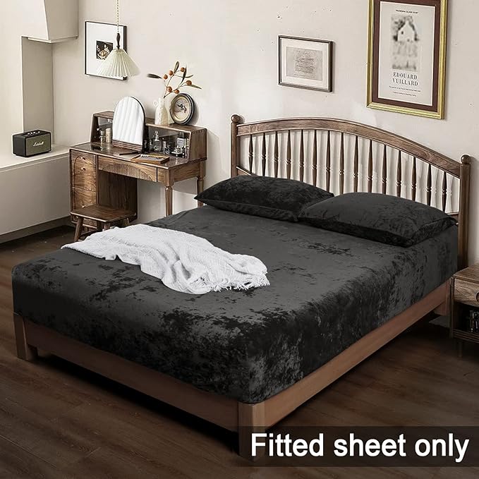 PHF Truly Velvet Fitted Sheet Only Full Size, Luxury Super Soft Cozy Fuzzy Fleece Bottom Sheet, Deep Pocket Up to 16",Strenghth Elastic Band, Suitable for Fall Winter Spring, No Pillowcases, Black