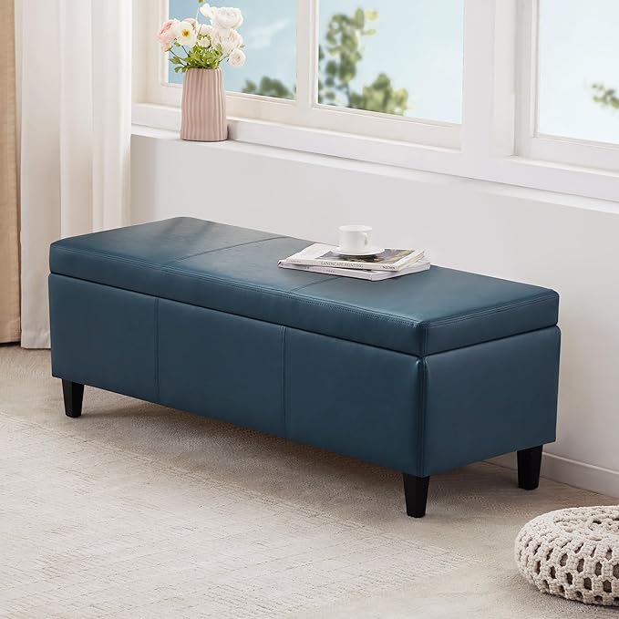 HUIMO Faux Leather Storage Ottoman Bench 50.3 Inch Extra Long PU Upholstered Bedroom Bench with Large Storage Space for The Living Room, Entryway, Bedroom Hold Up to 300lbs (Peacock Blue)