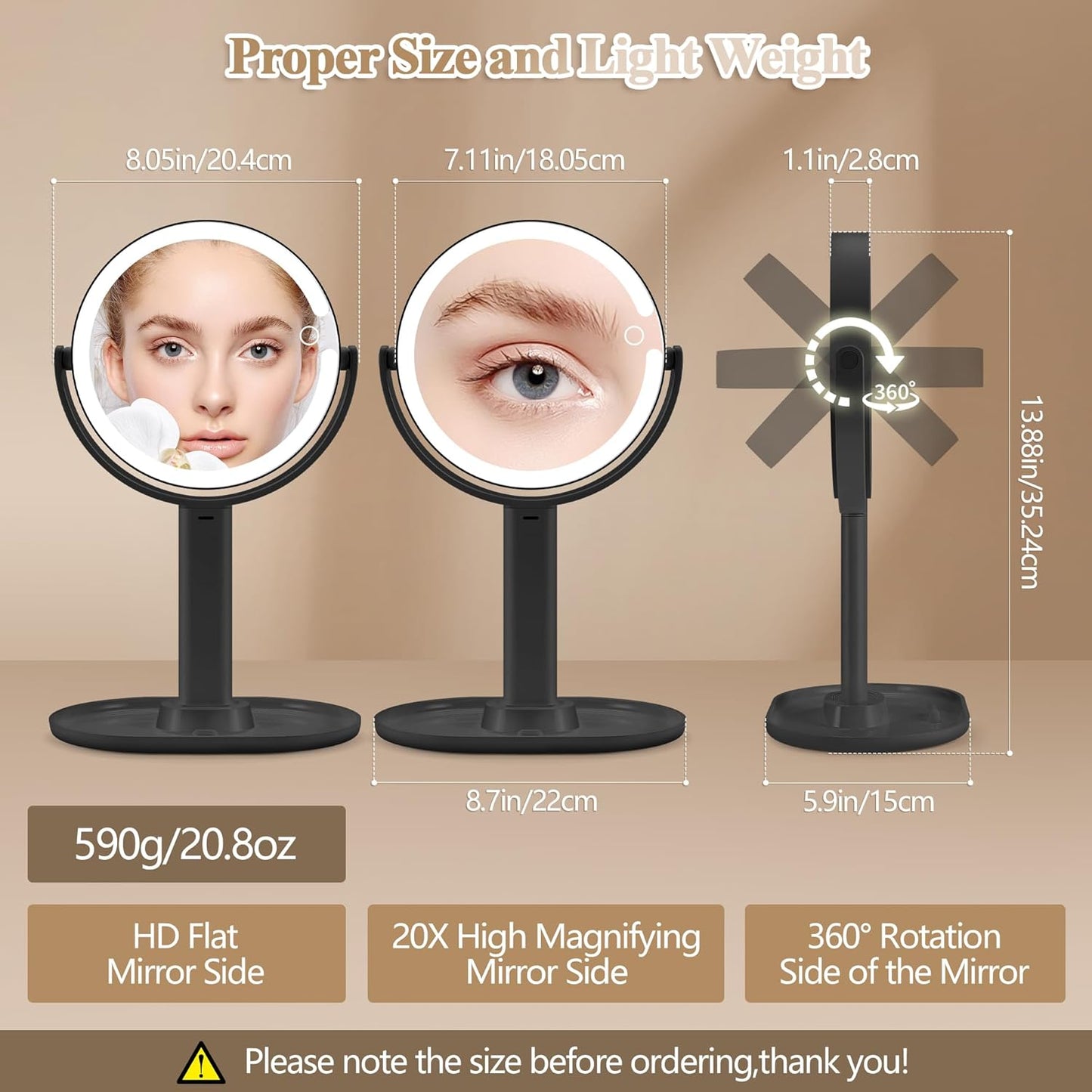 Makeup Mirror with Lights, Double Sided 1x/20x Magnifying Mirror with Light, Rechargeable 3 Color Lights and Adjustable Brightness, 360° Rotation Detachable Comes with Tweezer(Black)