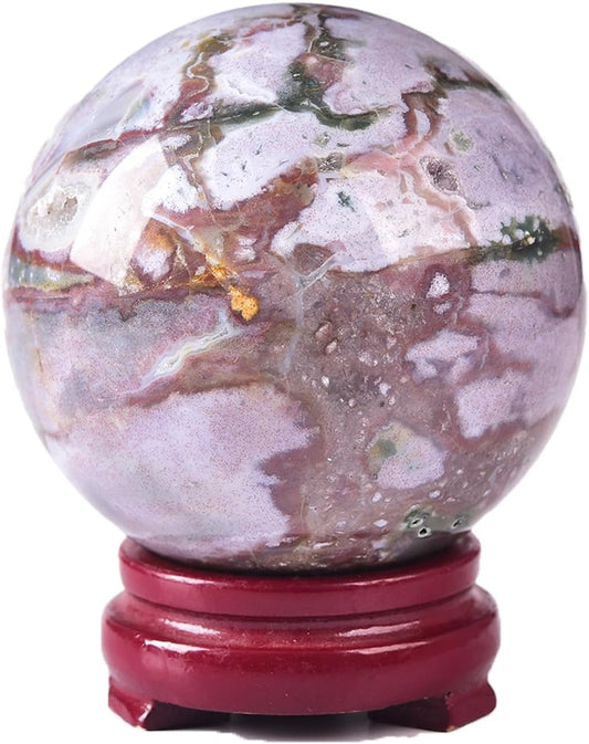 JIC Gem Ocean Jasper Crystal Ball with Wooden Stand Healing Crystal Sphere Ball for Feng Shui Decor Spiritual Gifts 70-80mm
