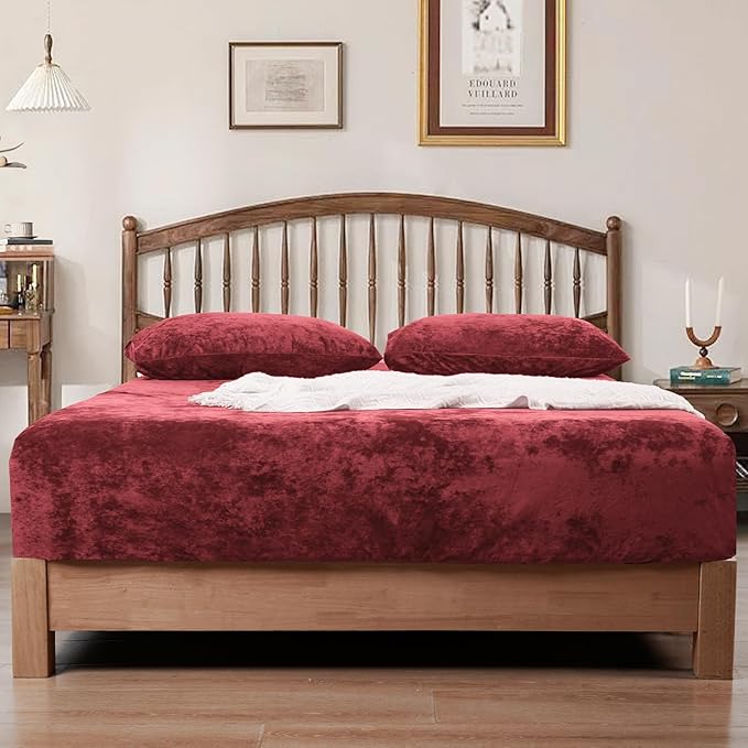 PHF Truly Velvet Fitted Sheet Only Queen Size, Christmas Luxury Super Soft Cozy Fuzzy Fleece Bottom Sheet with Deep Pocket Up to 16", Suitable for Fall Winter Spring, No Pillowcases,Wine Red