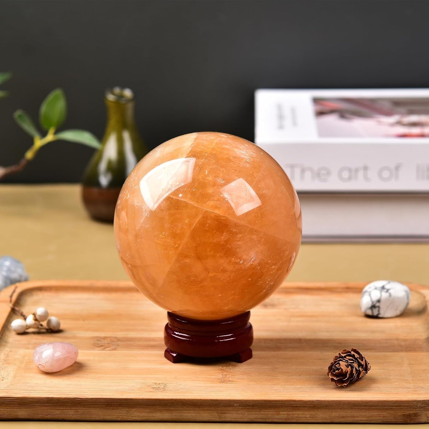 JIC Gem Stripe Orange Calcite Sphere Ball 3.5inch with Wood Stand for Fengshui Healing and Decoration