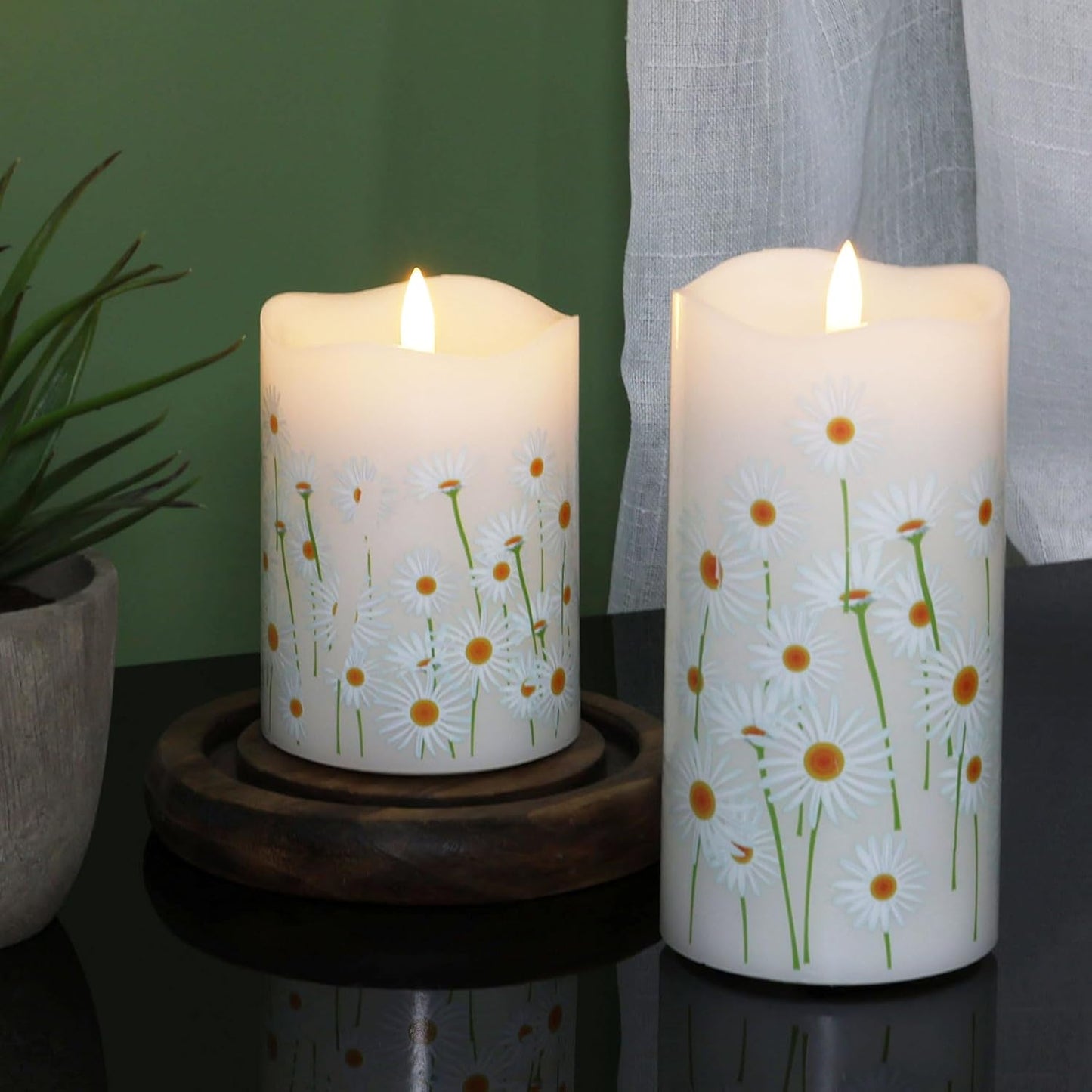 Eywamage White Floral Flameless Pillar Candles with Remote, Flickering Spring Daisy Battery LED Candles Set of 2