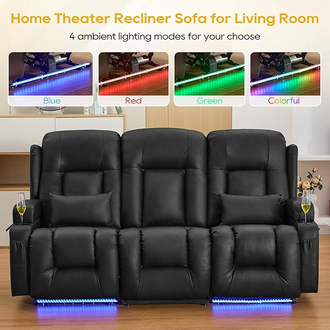 IPKIG 76.8" Power Reclining Sofa, Electric Home Theater Seating with Flipped Middle Backrest/LED Lighting/USB Ports/Built-in Outlets, Dual Recliner Sofa 3 Seater for Living Room RV (Black)