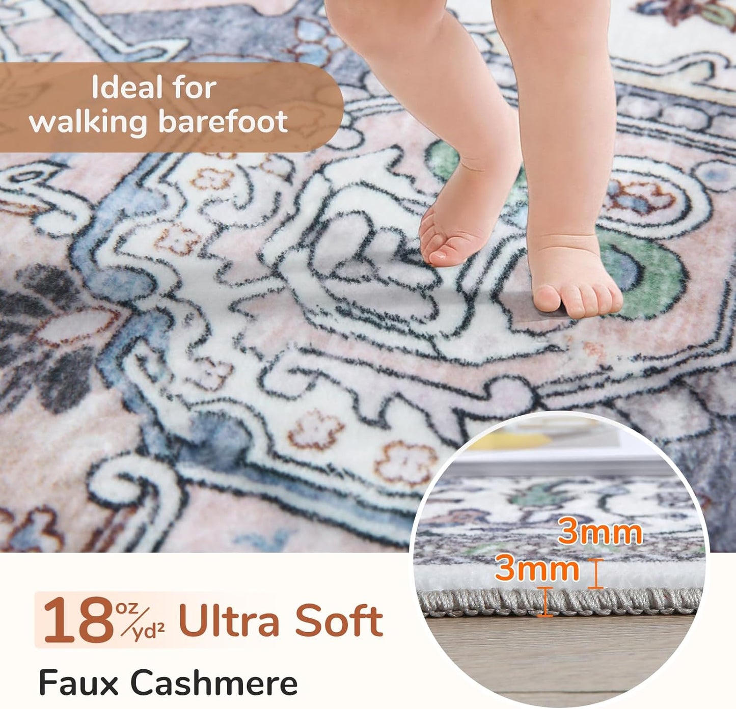 OPPODREAM Soft Area Rugs 3x5, Washable Rugs with Non Slip Backing, Low-Pile Throw 3x5 Carpet, Faux Cashmere 3 x 5 Carpet, Purple & Green & Cream