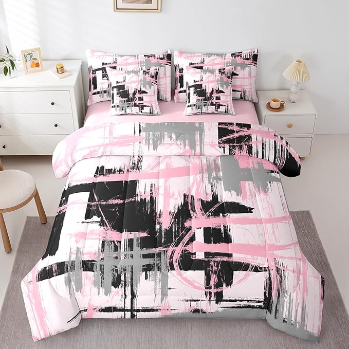 Pink Grey Black Comforter Set Full Size Kids Abstract Art Comforter for Boys Modern Striped Art 7 Pieces Bedding Set Geometric Duvet Set Room Decor Quilt Set
