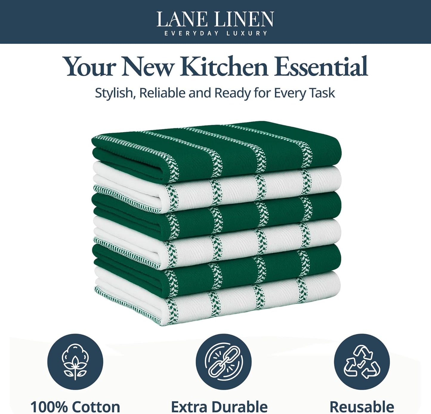 LANE LINEN Kitchen Towel Sets - 6 Pack Cotton Dish Towels for Drying Dishes, 18”x 28”, Hand Towel, Absorbent Tea Towels, Quick Drying Kitchen Towel Set - Christmas Green