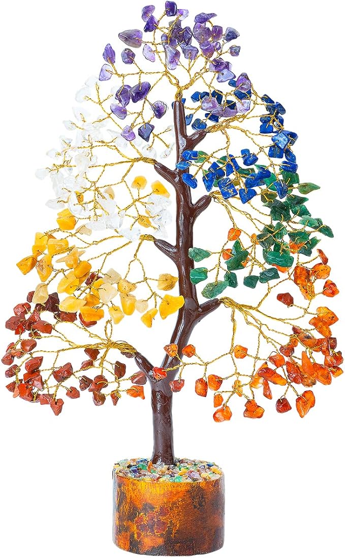 7 Chakra Tree of Life - Crystal Tree of Life with Seven Chakra Tumbles, Wooden Decor Base Tray, Handmade Gemstone Tree, Crystal Decorations, Spiritual Gifts, Artificial Tree, Feng Shui Decor Tree
