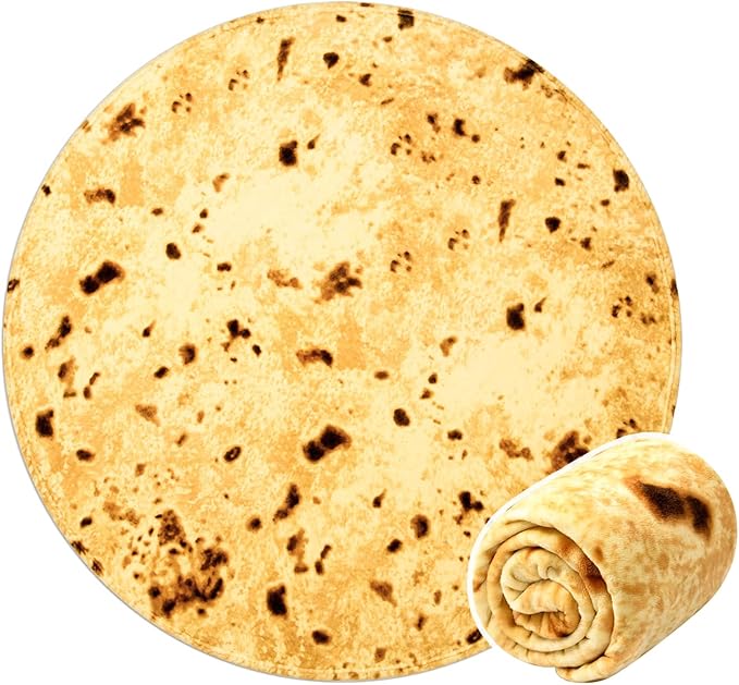 Vessia Burritos Tortilla Blanket Throw Size(Yellow,71 inches), Giant Realistic Funny Food Throw for Adults and Kids, 300 GSM Double Sided Soft Novelty Round Taco Blanket