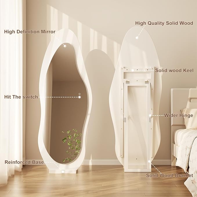 69"x 24" Wavy Mirror Full Length,Lights Irregular led Full Length Mirror, Shatter-Proof Hanging or Leaning Against Wall for Cloakroom/Bedroom/Living Room,Walnut (White)