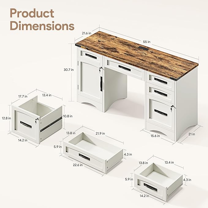 Farmhouse Executive Desk with Drawers, 55" Home Office Desks with Fast Charging Station, Lockable File Cabinet, Wood Writing Computer Desk for Work, Study, White