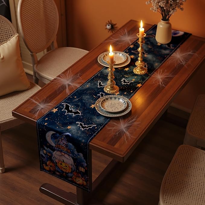 Halloween Table Runner with Gnomes, Bats & Pumpkins, Table Decoration for Dining Party and Home Decor,72x13 inches