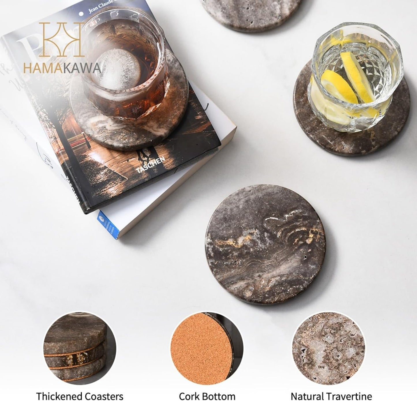 Natural Travertine Marble Coasters Set of 4, Round Gray Stone 4 Inch, Modern Drink Coasters for Home Decor, Coffee Table, Office