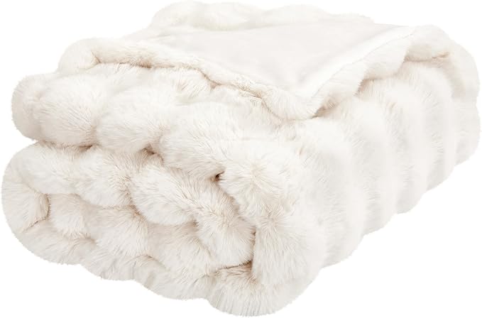 JONIYEAR Soft Fuzzy Oversized Bubble Faux Rabbit Fur Throw Blanket 60" x 70", Reversible Thick Warm Fluffy Blanket for Winter, Luxury Cozy Puffy Shaggy Furry Blankets for Bed, Twin Size, Cream White