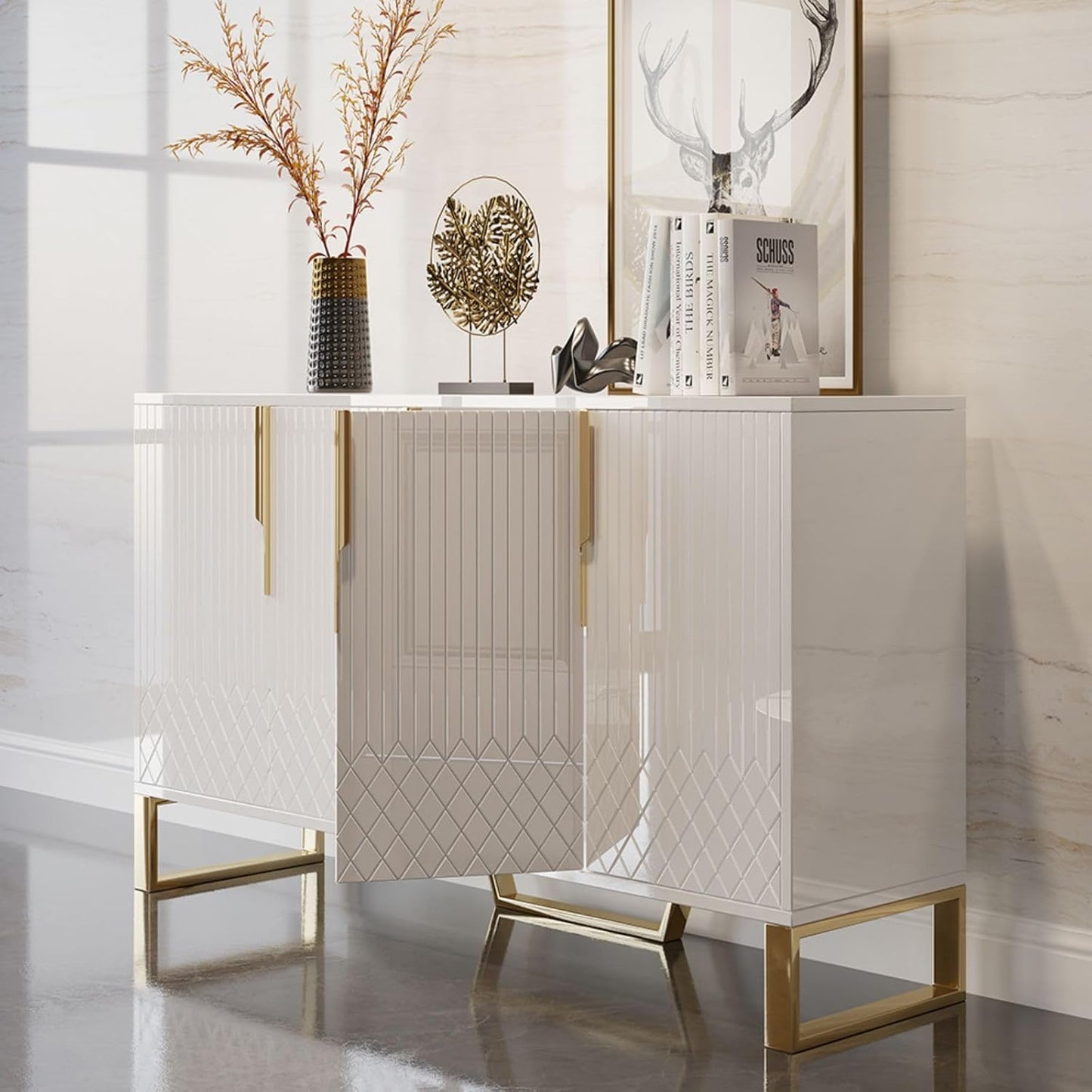 homary Modern 59" Buffet Cabinet Table with 4 Doors & 6 Shelves - Sideboard Cabinet for Dining Room, Kitchen (White)