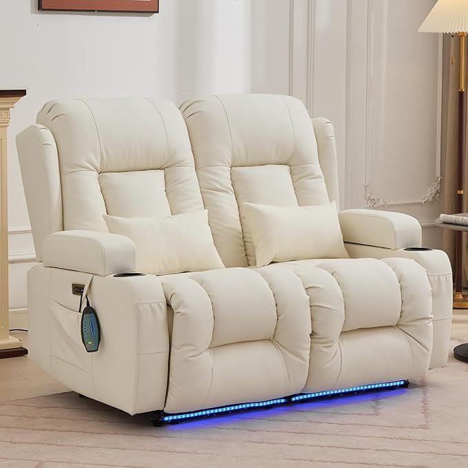 IPKIG 54" Power Loveseat Recliner Sofa, Electric Home Theater Seating with Massage Heat/4 Colors Ambient Lights/USB Port/Side Pocket/Cup Holder for Living Room, Bedroom, RV (Off-White, 2 Seater)