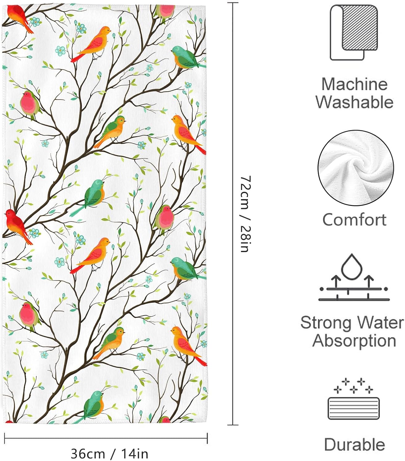 Birds on Tree Decorative Bathroom Hand Towels Set of 2 Spring Summer Bath Towels Soft Absorbent for Bathroom Kitchen Home Gym Yoga Spa 14"x28" Cute Birds Decorative Towel