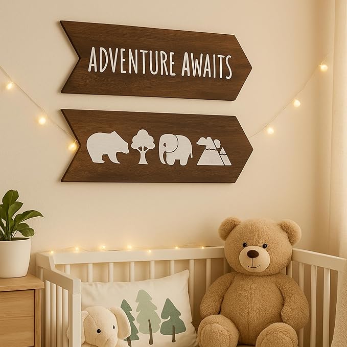 Nursery Wall Decor - 2 Pcs Wood Adventure Awaits Sign, Nursery Decor For Kids Room, Safari Theme Woodland Decorations, Toddler Easter Gifts for Babies - 14 x 10 inch