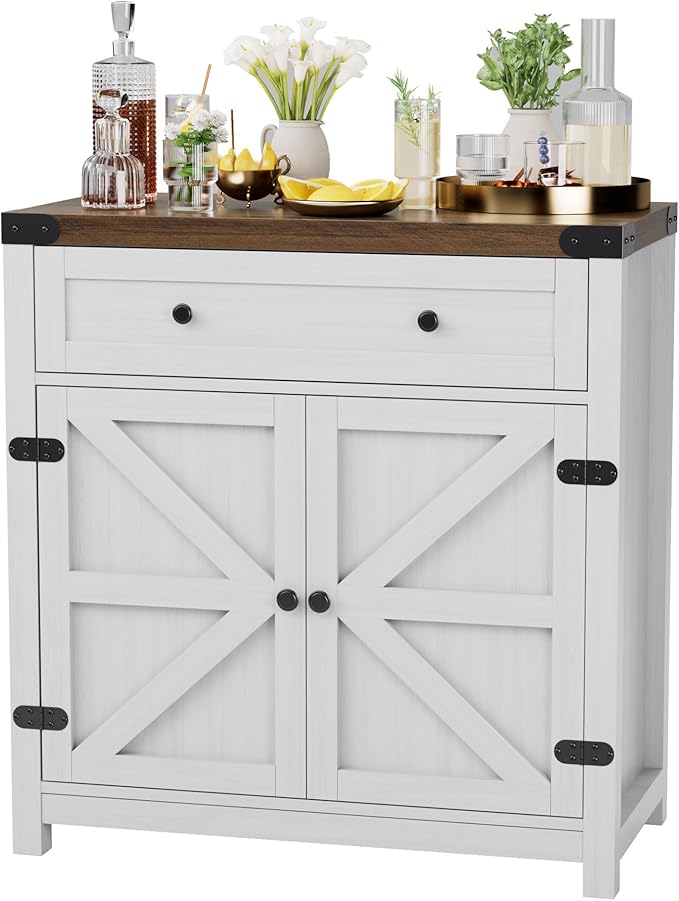 JUMMICO Coffee Bar Cabinet Farmhouse Kitchen Sideboard Buffet Cabinet with Drawer and Adjustable Shelf Barn Door Storage Cabinet for Kitchen, Dining Room, Bathroom, Entryway（White）