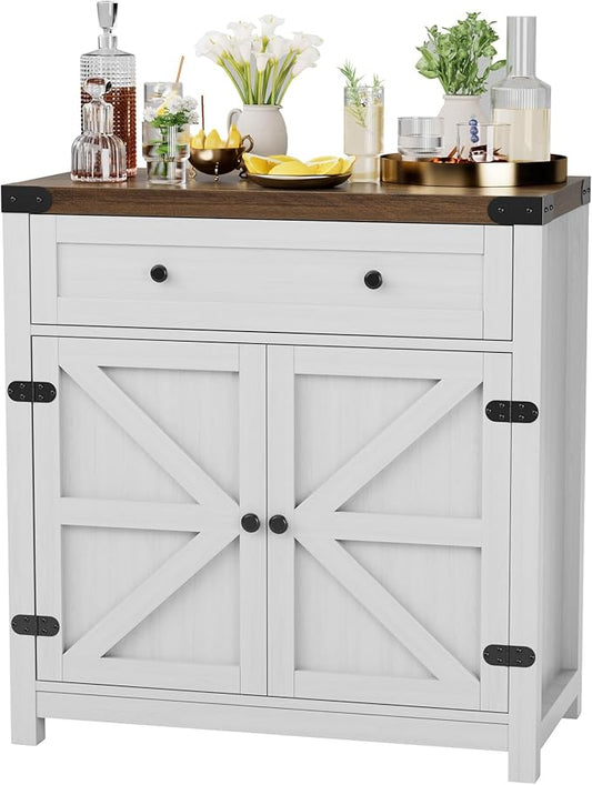 JUMMICO Coffee Bar Cabinet Farmhouse Kitchen Sideboard Buffet Cabinet with Drawer and Adjustable Shelf Barn Door Storage Cabinet for Kitchen, Dining Room, Bathroom, Entryway（White）