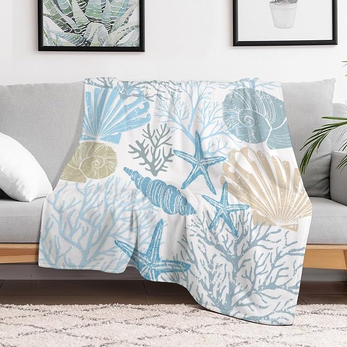 Starfish Seashell Throw Blanket for Teens Boys Girls and Adults Soft Warm Cozy Funny Midweight Food Flannel Blankets for Couch Sofa Bed Camping Travel Home Decor 40" X 50"