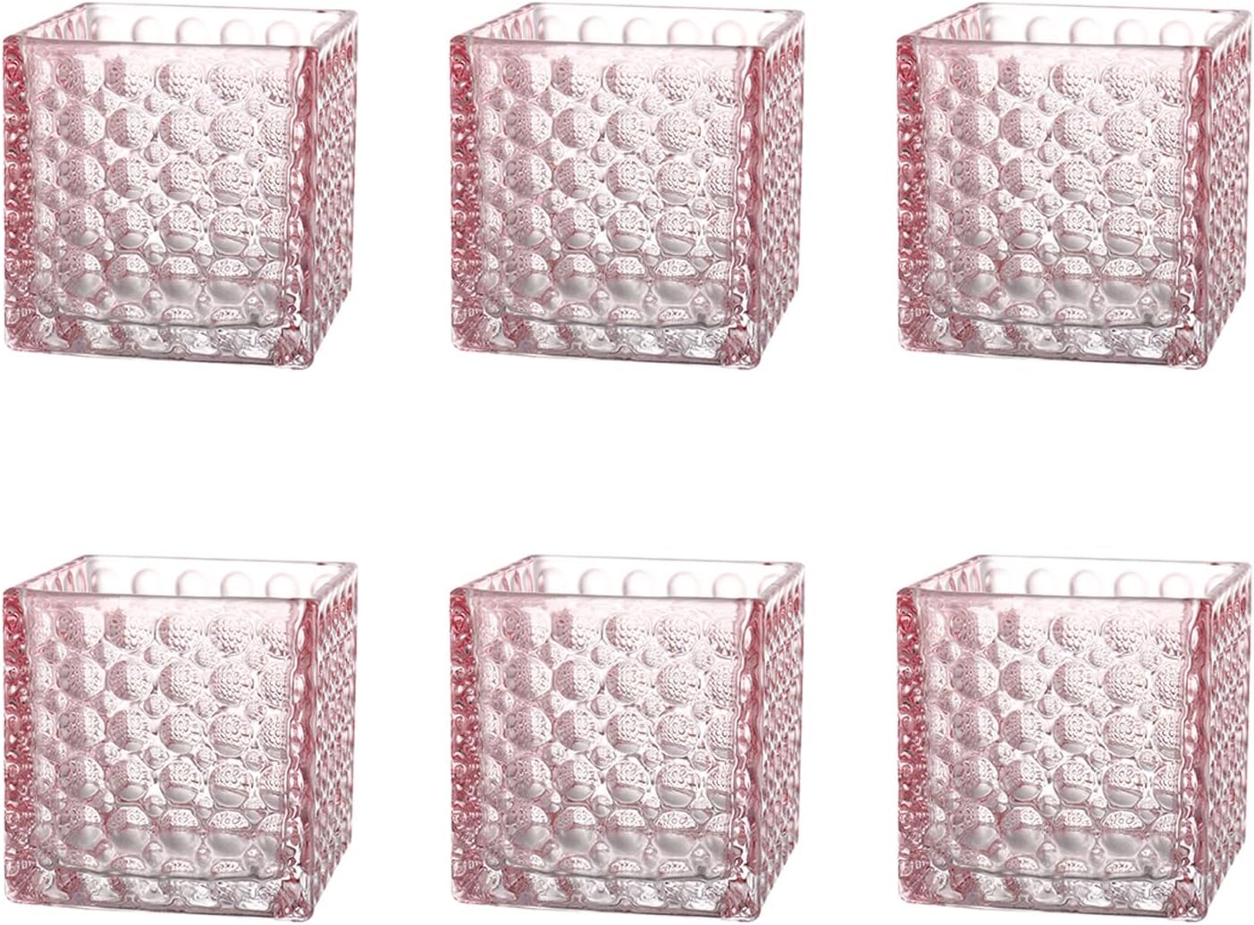 Square Vases Set of 6, 4" x 4" x 4" Square Glass Vases for Flowers, Pink Flower Vase for Centerpieces, Small Bubble Vase for Wedding, Party, Home, Office, Parties, Events