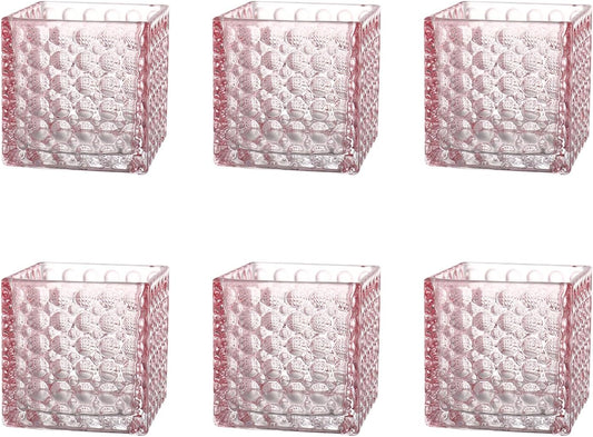 Square Vases Set of 6, 4" x 4" x 4" Square Glass Vases for Flowers, Pink Flower Vase for Centerpieces, Small Bubble Vase for Wedding, Party, Home, Office, Parties, Events