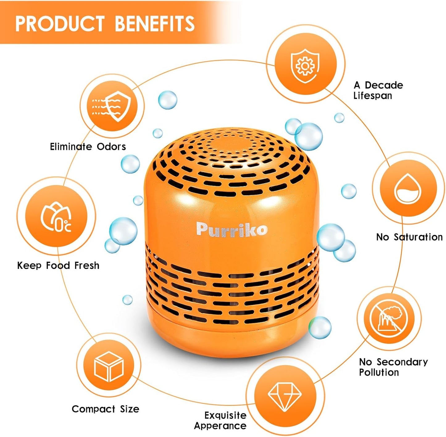 Purriko Refrigerator Deodorizer,Lasts for 10 Years,Refrigerator Odor Eliminator,Fridge Deodorizer,More Effective Than Baking Soda Bamboo Air Purifying Bags,Orange
