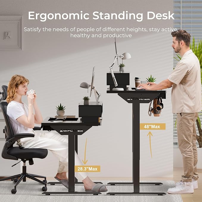 GTPLAYER Electric Standing Desk with Drawers, 55 x 24 Inch Height Adjustable Gaming Desk with Monitor Stand, Power Outlets & LED Lights, Home Office Sit Stand Up Desk with Memory Preset (Black)