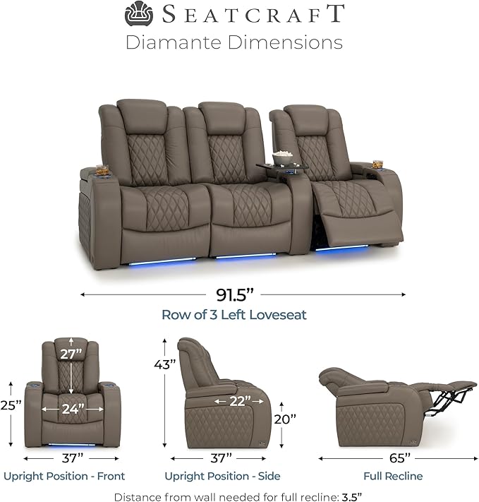 Seatcraft Diamante Zero-Gravity CoolZero Italian Leather Home Theater Seating, Power Headrest, Power Recline, Row of 3 Left Loveseat, Gray