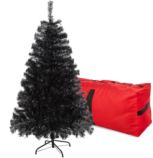 5FT Black Christmas Tree, Small Artificial Halloween Tree with 600 Branch Tips, Xmas Full Tree for Indoor Holiday Carnival Party,Foldable Metal Stand