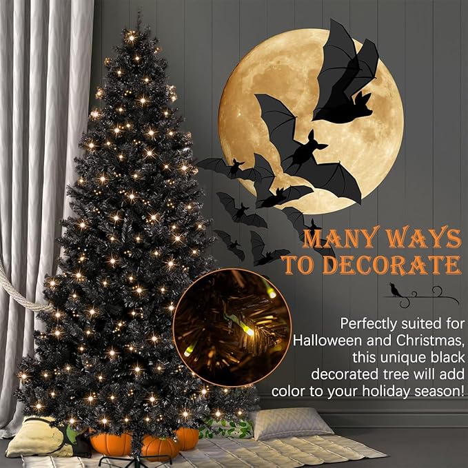 5FT Pre-Lit Black Christmas Tree, Small Artificial Halloween Tree with 600 Branch Tips, Xmas Full Tree for Indoor Holiday Party,200 Warm Lights, Foldable Metal Stand