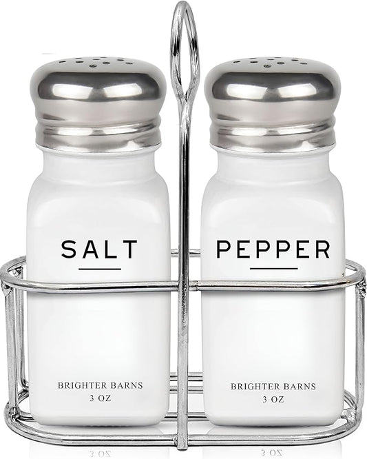 White Salt and Pepper Shakers Set with Holder by Brighter Barns - Neutral Minimalist Glass Salt Shaker with Caddy - Dining Table Decor, Modern Kitchen Accessories for Restaurant, Hotel, Airbnb (White)