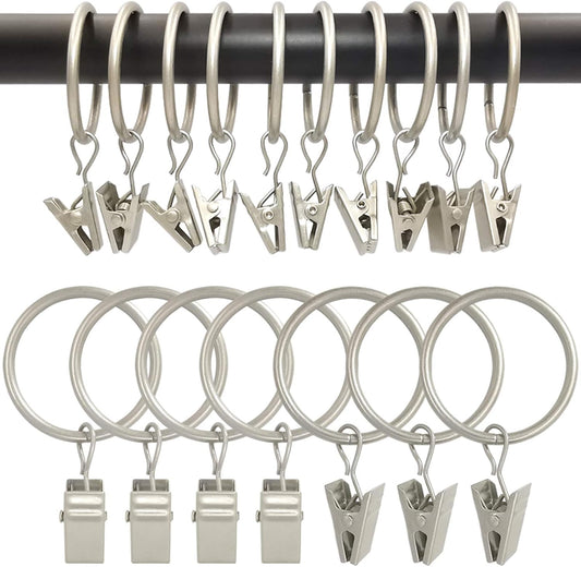 100 Pack Curtain Rings with Clips, Drapery Clip with Rings, Drapes Rings 1.26 in Interior Diameter, Fits up to 1 in Curtain Rod, Matte Silver
