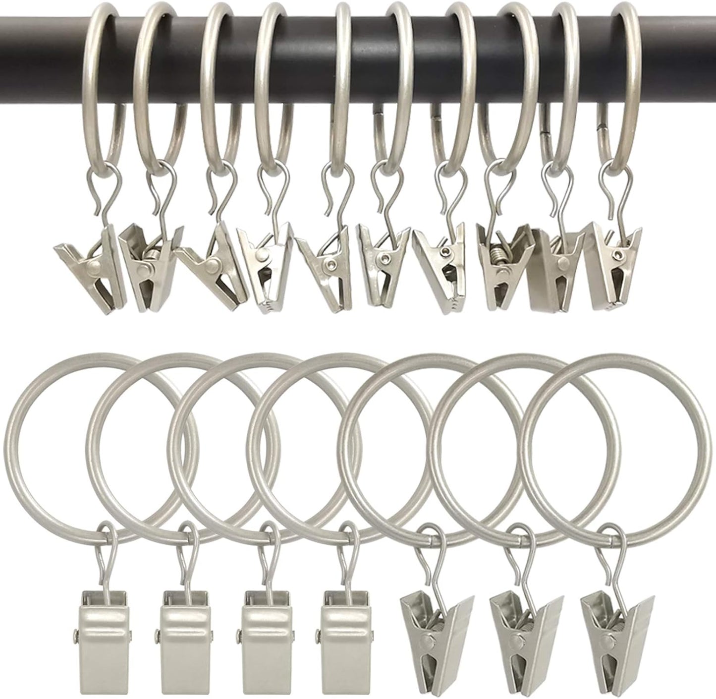 90 Pack Curtain Rings with Clips, Drapery Clips with Rings, Drapes Rings 1.26 in Interior Diameter, Fits up to 1 in Curtain Rod, Matte Silver